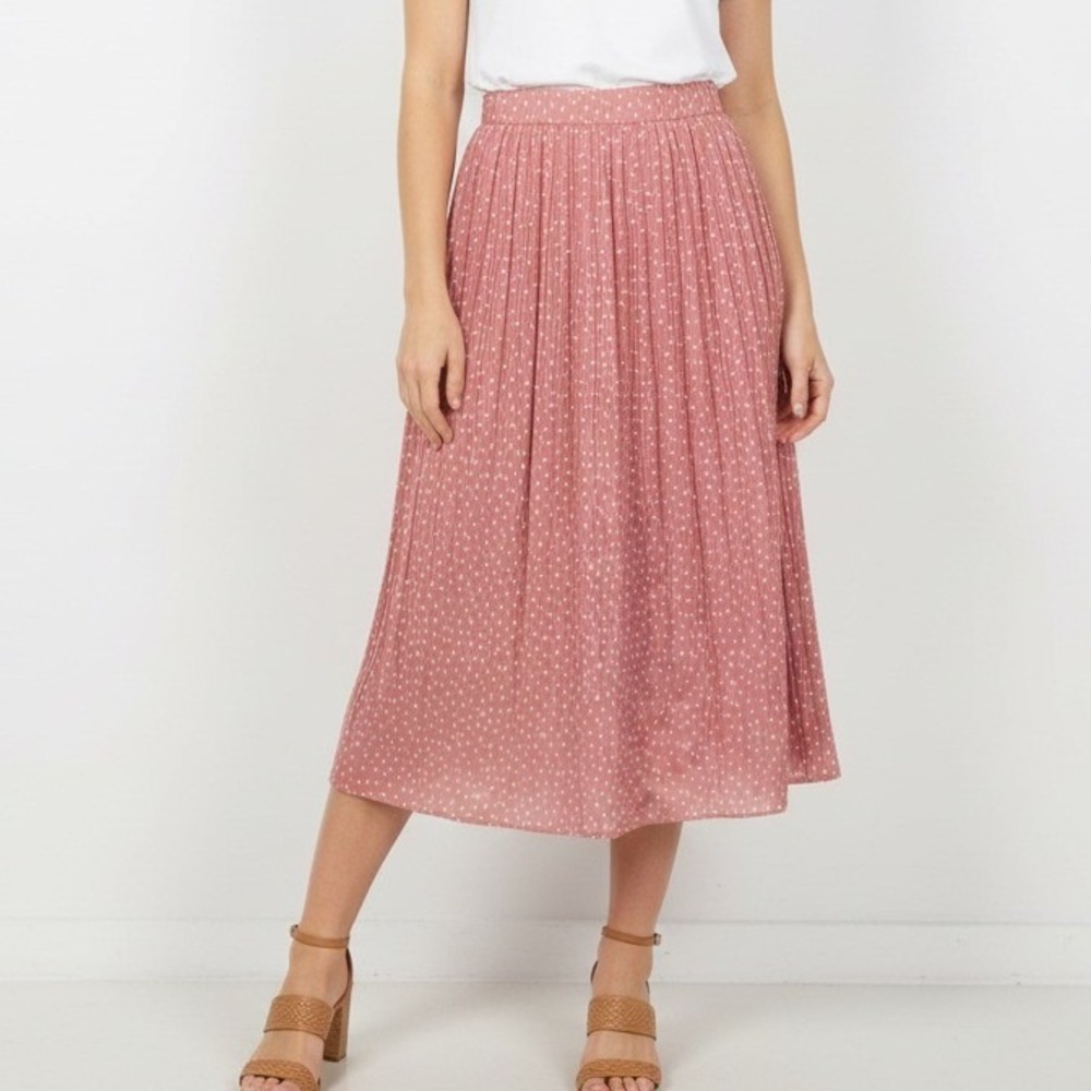 Exlura Women Pink Polka Dot Pleated Midi Skirt Elastic High Waist Pockets Size M - Picture 1 of 11